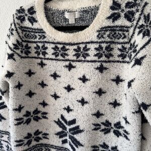 Barefoot Dreams Cozy Chic Sweater Small Ivory Blue Snowflake Fair Isle Cozycore